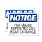 Signmission For Major Deposits Use Rear Entrance, 10 in W x Rectangle, Plastic OS-2PACK-NS-P-710-L-12855 - alternate 1